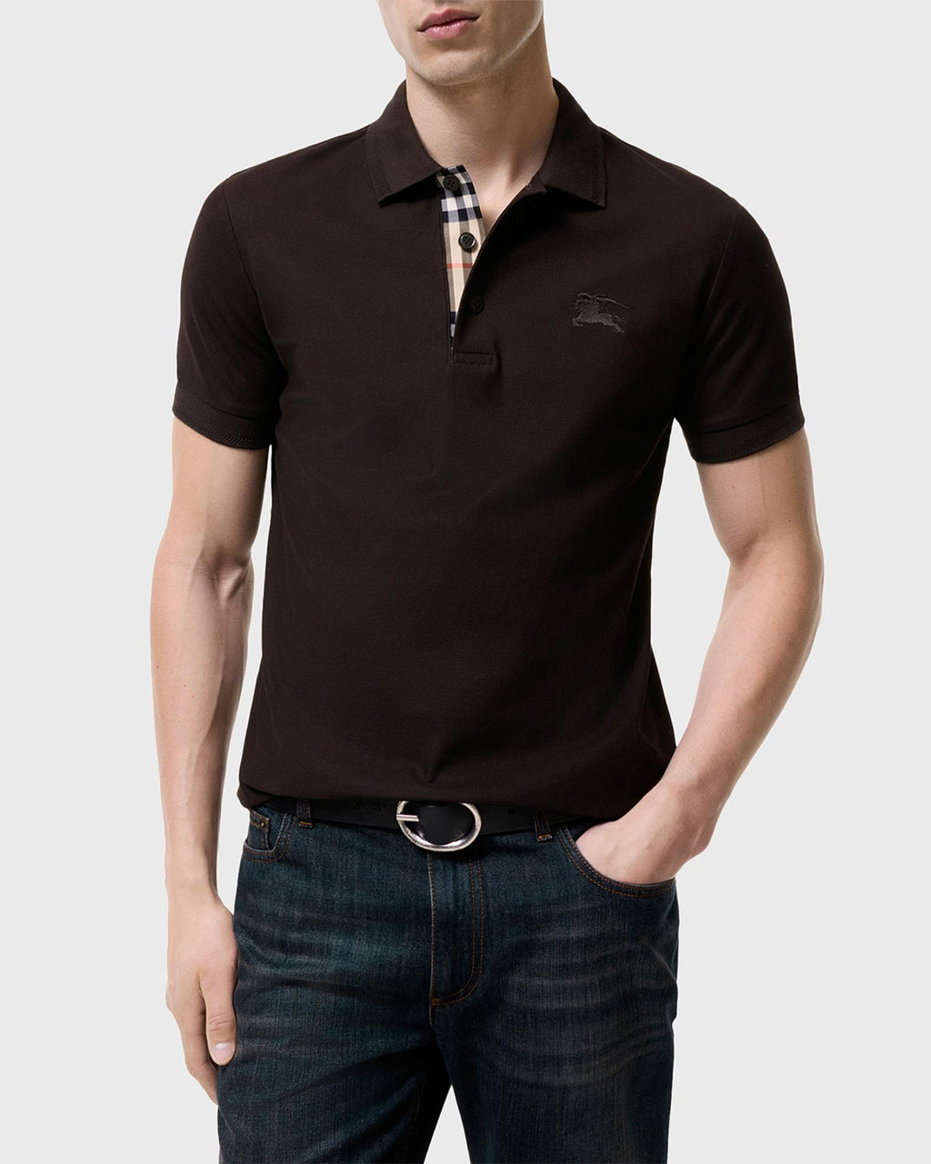 Burberry Men's Check-Placket Cotton Polo Shirt Brown